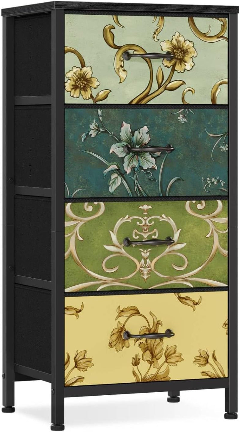 Tall vertical fabric dresser with black metal frame and four floral-patterned fabric drawers with wood top