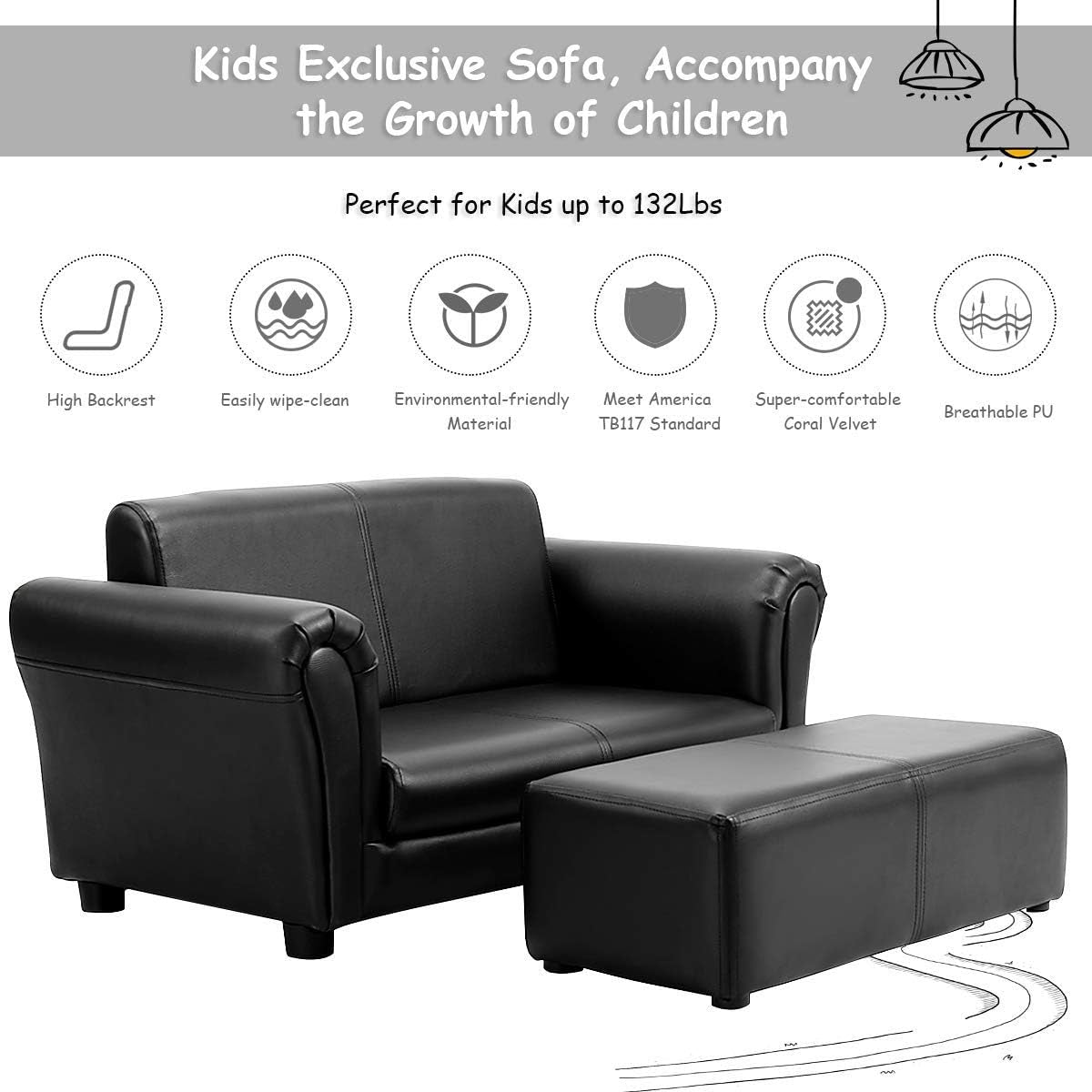 Black two-seat children’s sofa with matching rectangular ottoman on white background with icons above.