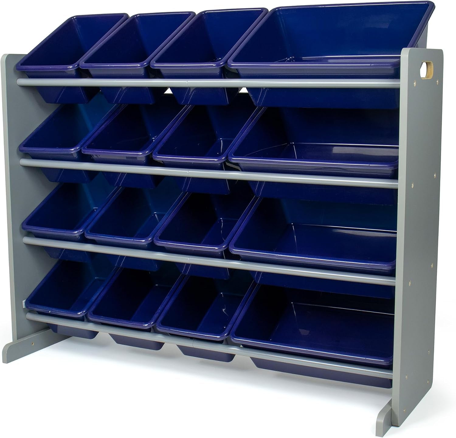 Four-tier organizer with 16 deep navy-blue bins set in a gray frame, angled studio view.