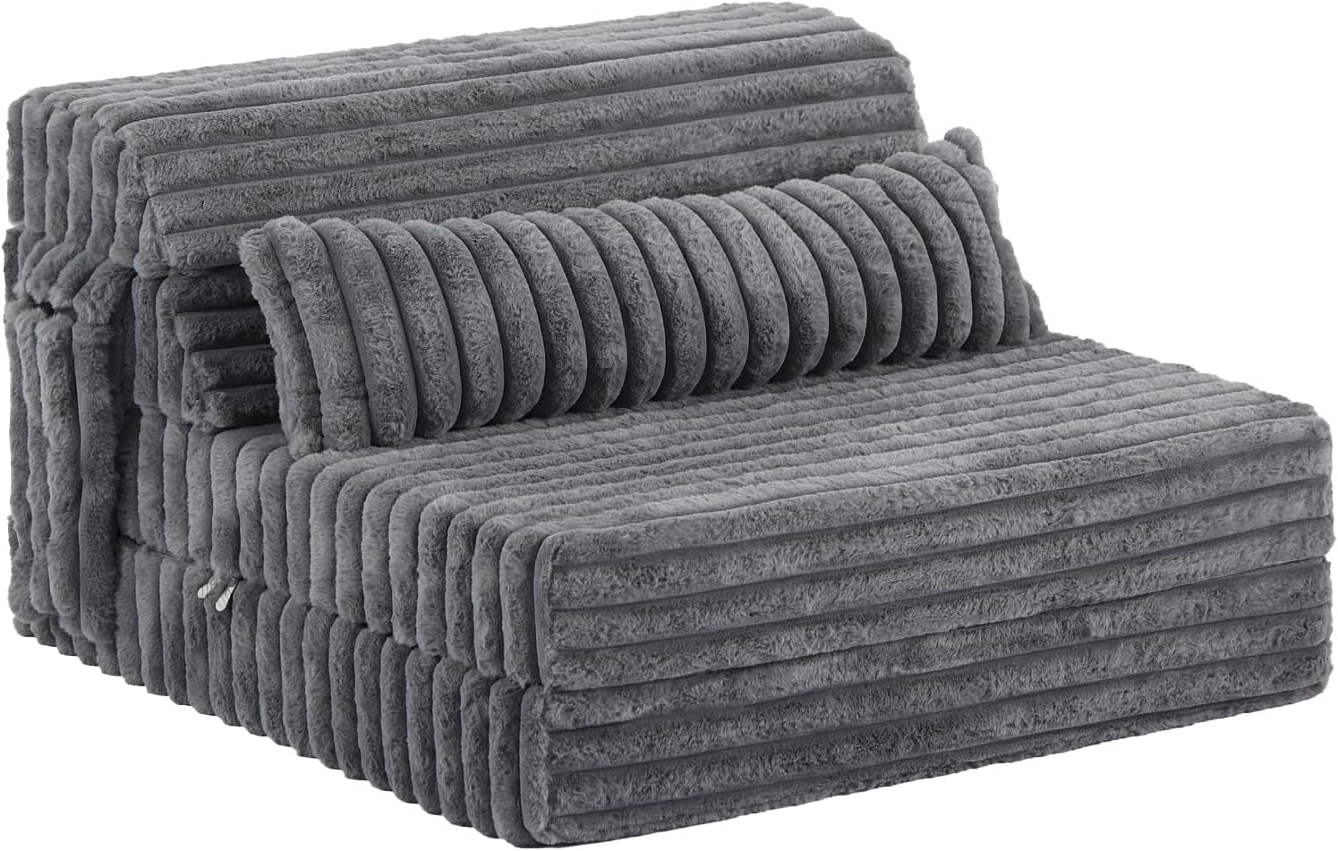 Gray ribbed folding sofa bed shown alone on white background with matching bolster pillow.