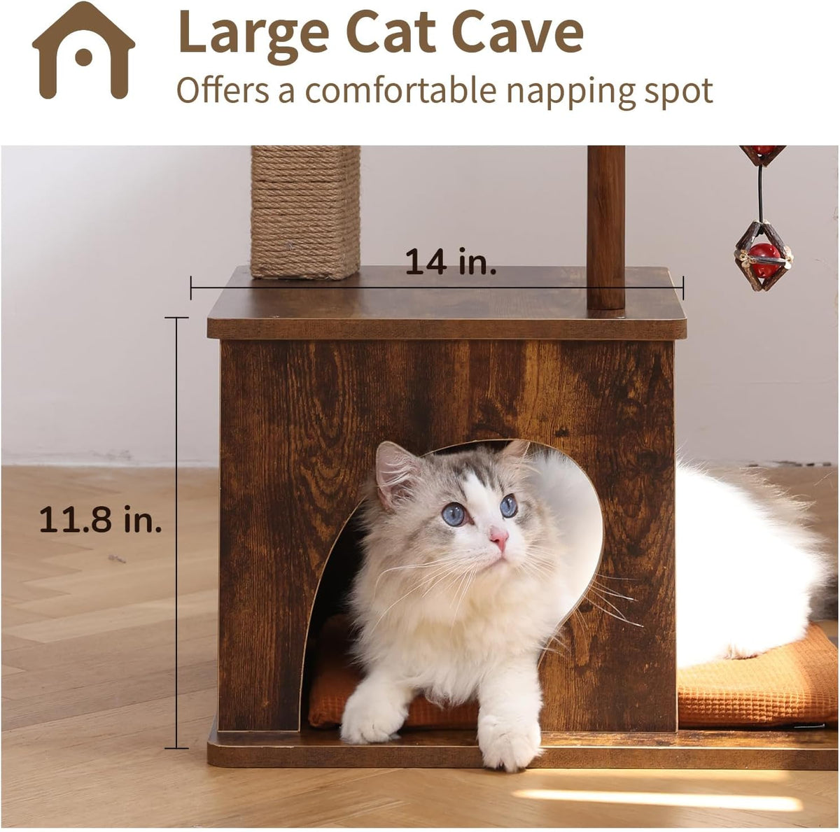 Wood-veneer lower cat condo with arched entrance and interior cushion, with dimensional overlay showing the condo area