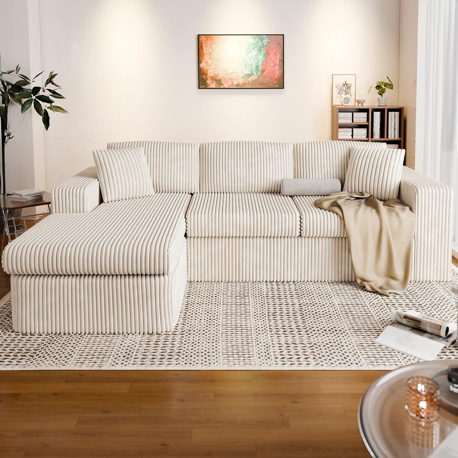 105" Boneless Couches for Living Room, Sectional Couches Modular Sofa with L-Shaped Chaise, Memory Foam Comfy Cloud Couch with Plush Corduroy Fabric, No Assembly Required, (Beige)