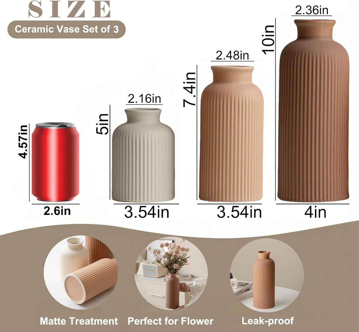 Three ribbed matte vases in cream, light terracotta, and brown on a stack of books by a framed print