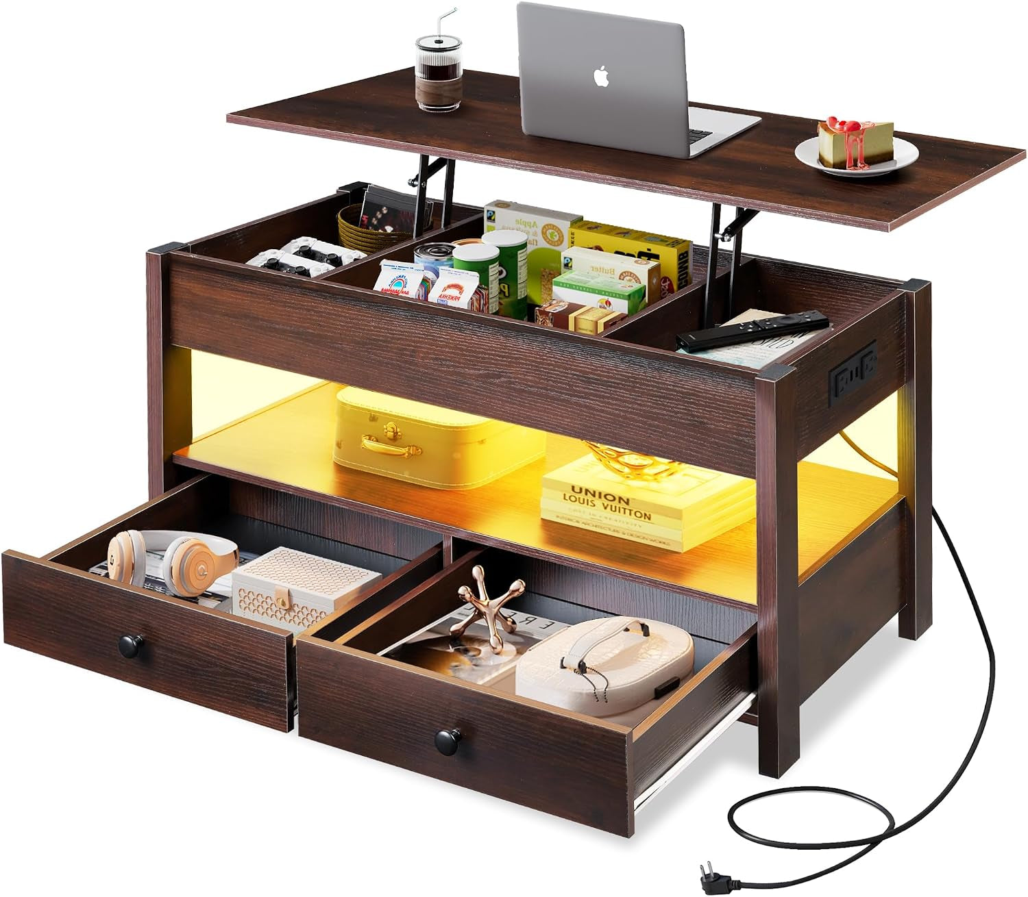 Brown lift-top coffee table with raised top, illuminated middle shelf (amber), divided top storage and two drawers