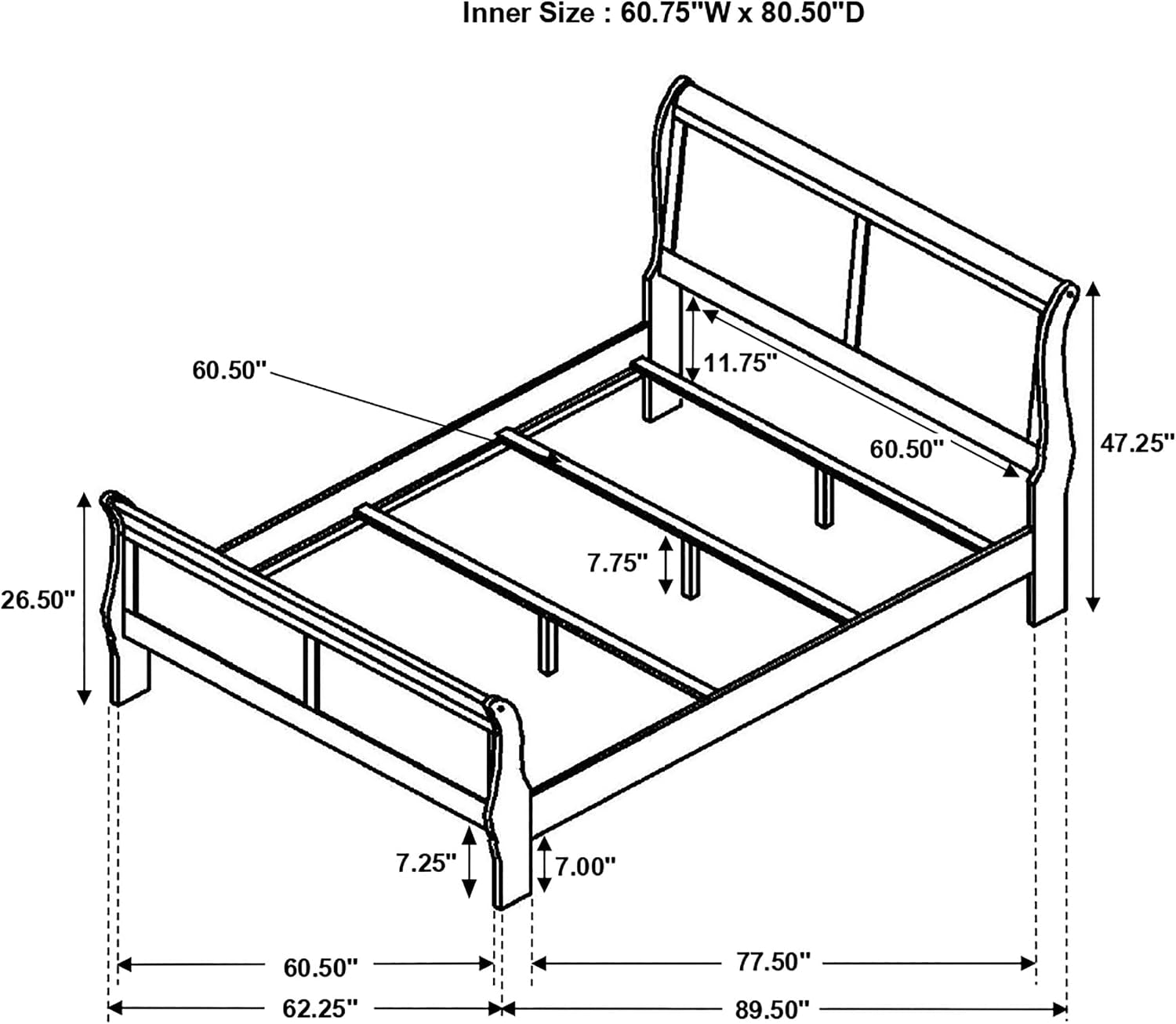 Isometric dimension diagram of a wooden sleigh bed with headboard, footboard and multiple measurement callouts.