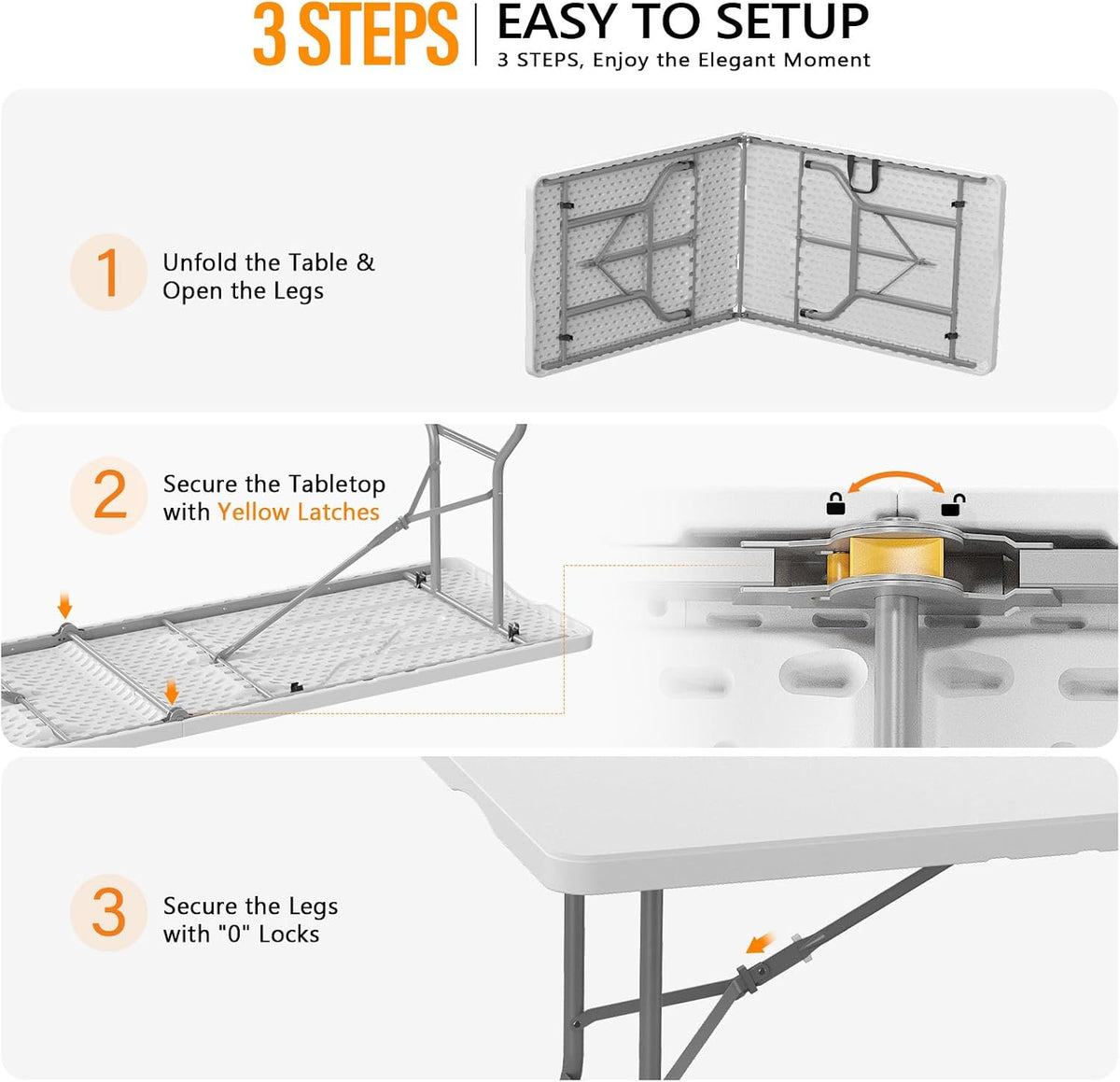 Three-step illustrated guide showing the table folded open, yellow latch detail, and leg locks for setup.