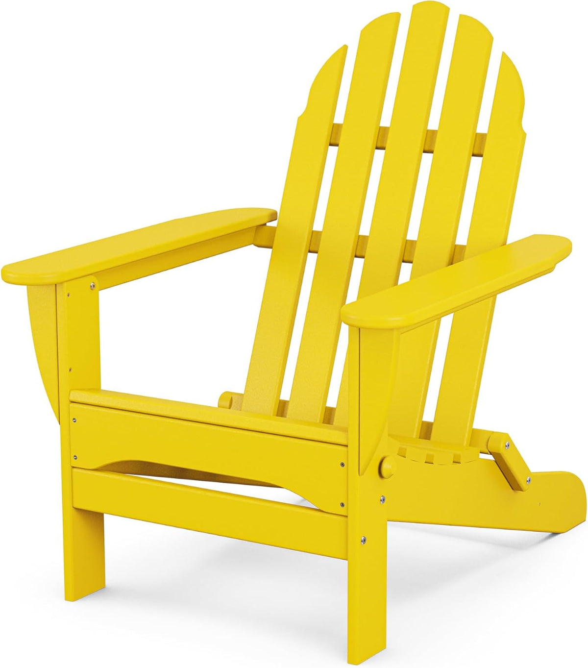 Bright yellow Adirondack chair shown from a low angled front, highlighting slatted back and armrests