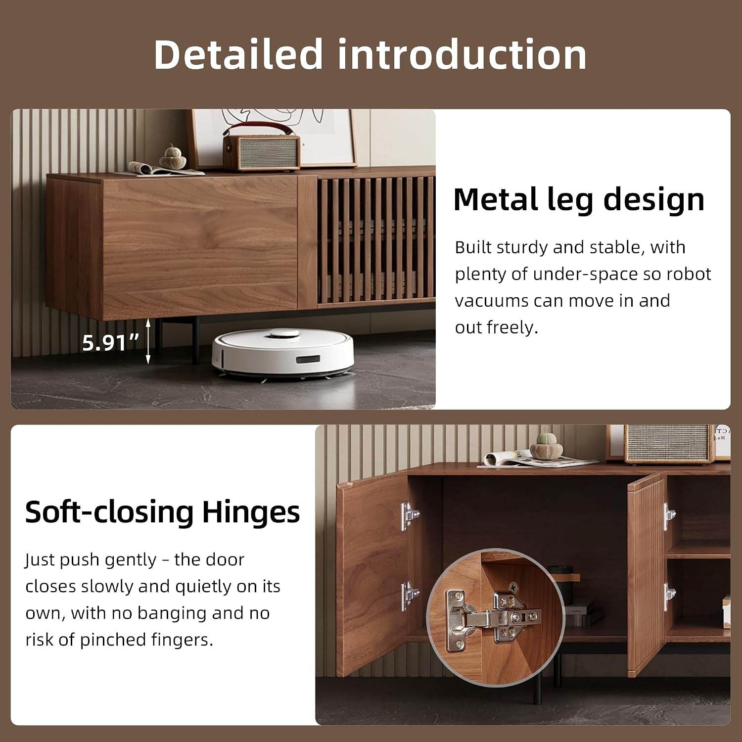 Feature graphic showing black legs, 5.91-inch clearance, open doors and a close-up of a hinge.