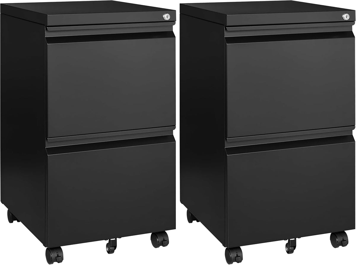 Pair of black three-drawer mobile file cabinets with locking top, on casters