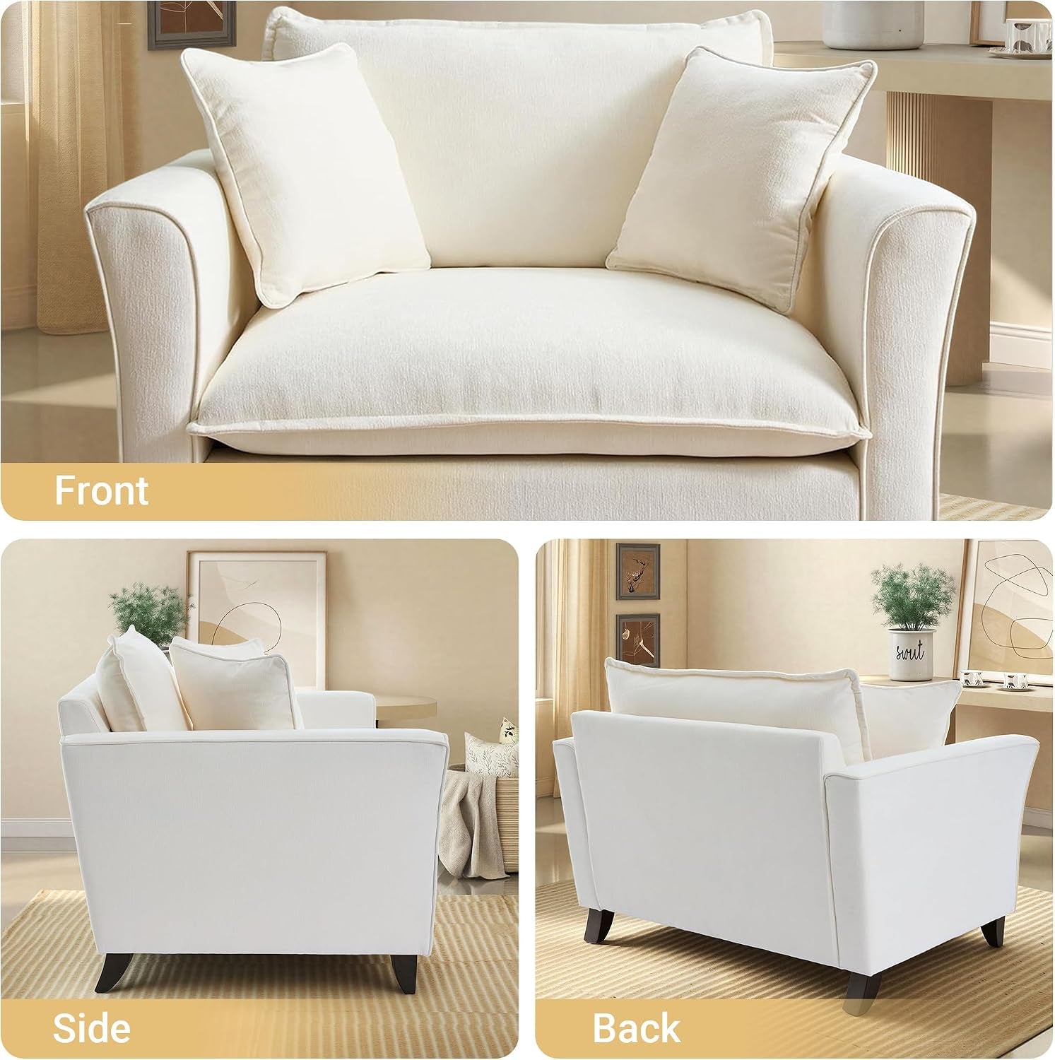 Three-panel view showing front, side and back of the cream chenille oversized accent chair on a neutral rug