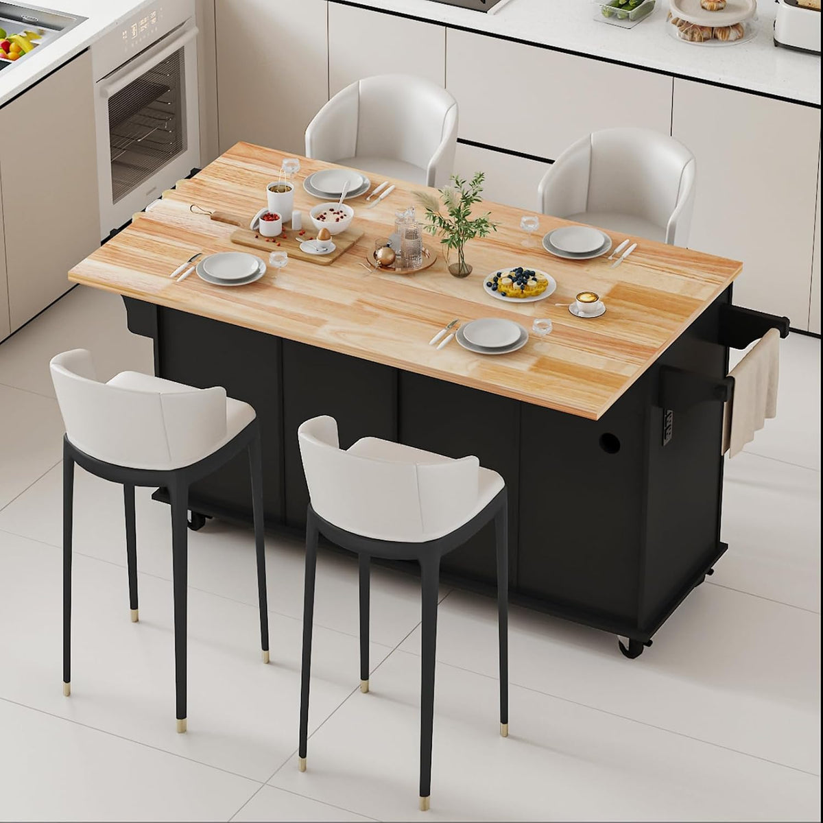 Overhead perspective of the cart with the drop-leaf countertop extended and styled as a dining surface with two bar stools