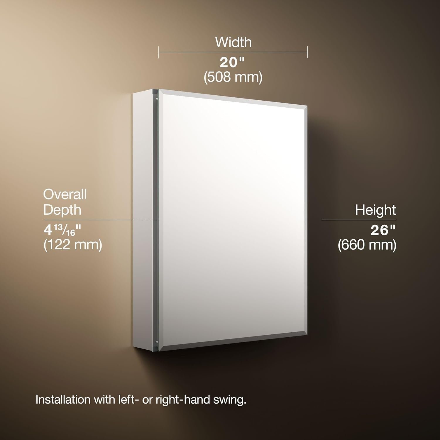 Dimension diagram of a single cabinet showing width 20" (508 mm), height 26" (660 mm), and overall depth 4 13/16".