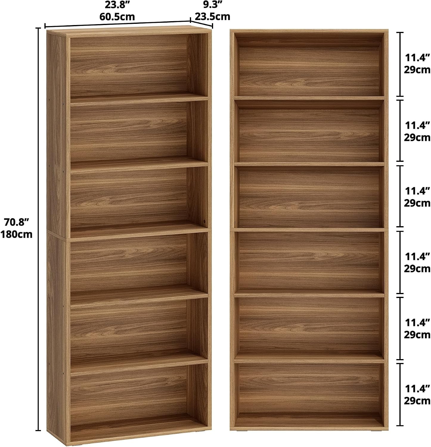 6-tier bookcase dimensions diagram showing 23.8 in depth, 9.3 in width, 70.8 in height and 11.4 in shelf spacing
