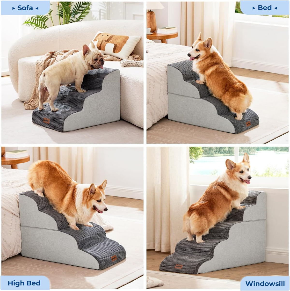 Four-panel lifestyle collage showing grey pet stairs used beside a sofa, bed, high bed, and windowsill with small dogs