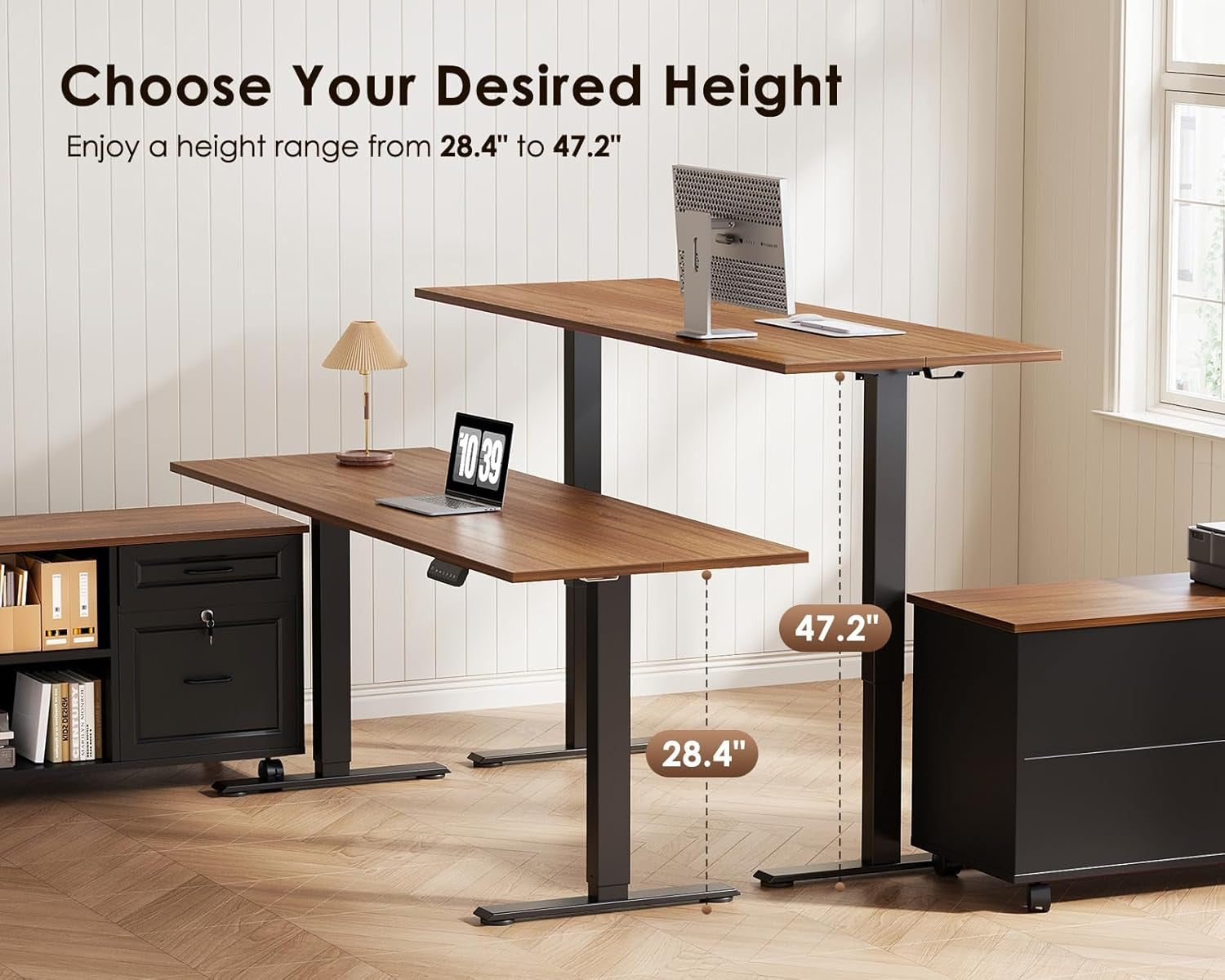 Two desks shown at different heights illustrating adjustable range from 28.4" to 47.2" with walnut desktops and black legs