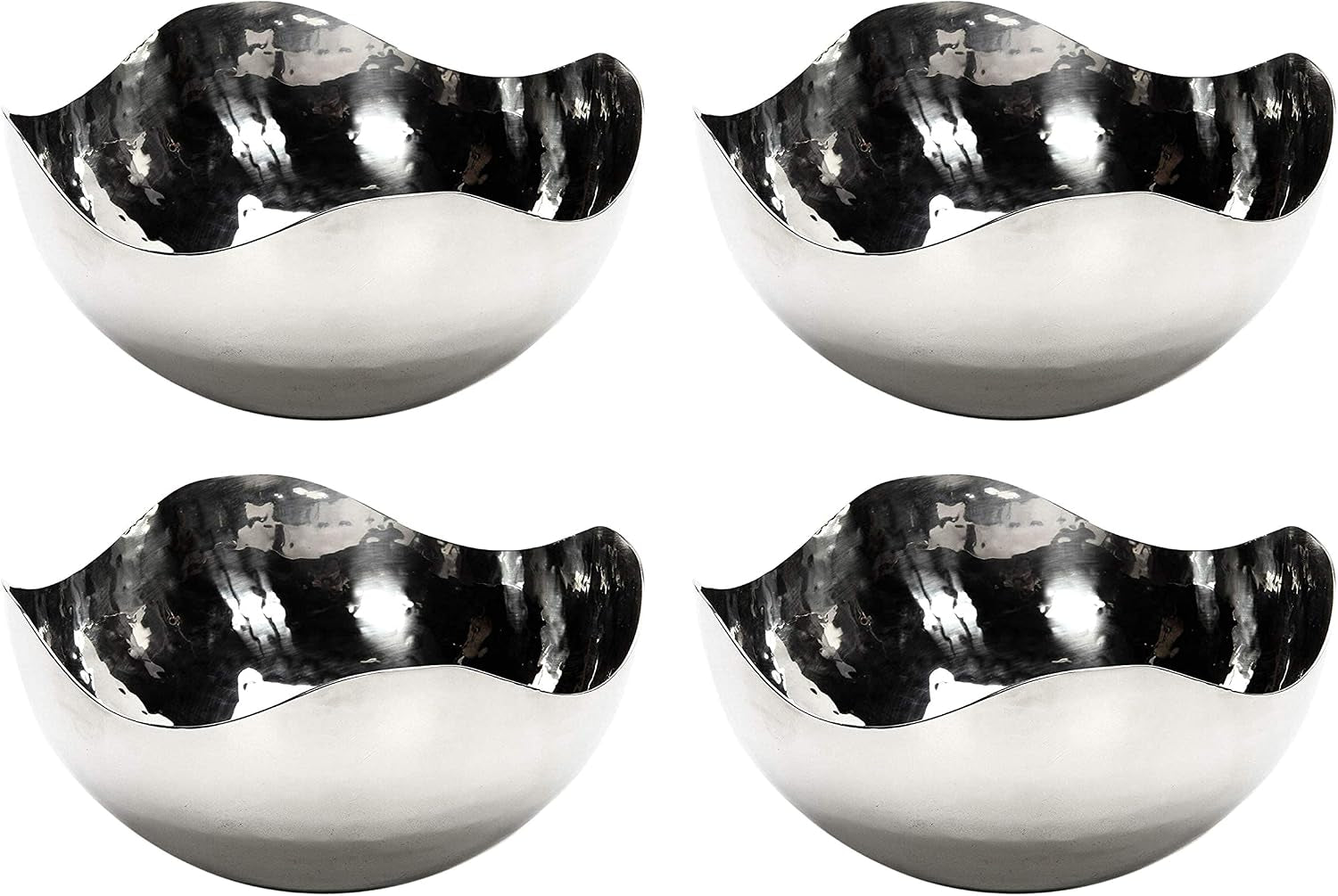 Four identical bowls arranged in a 2x2 grid showing hammered interior reflections