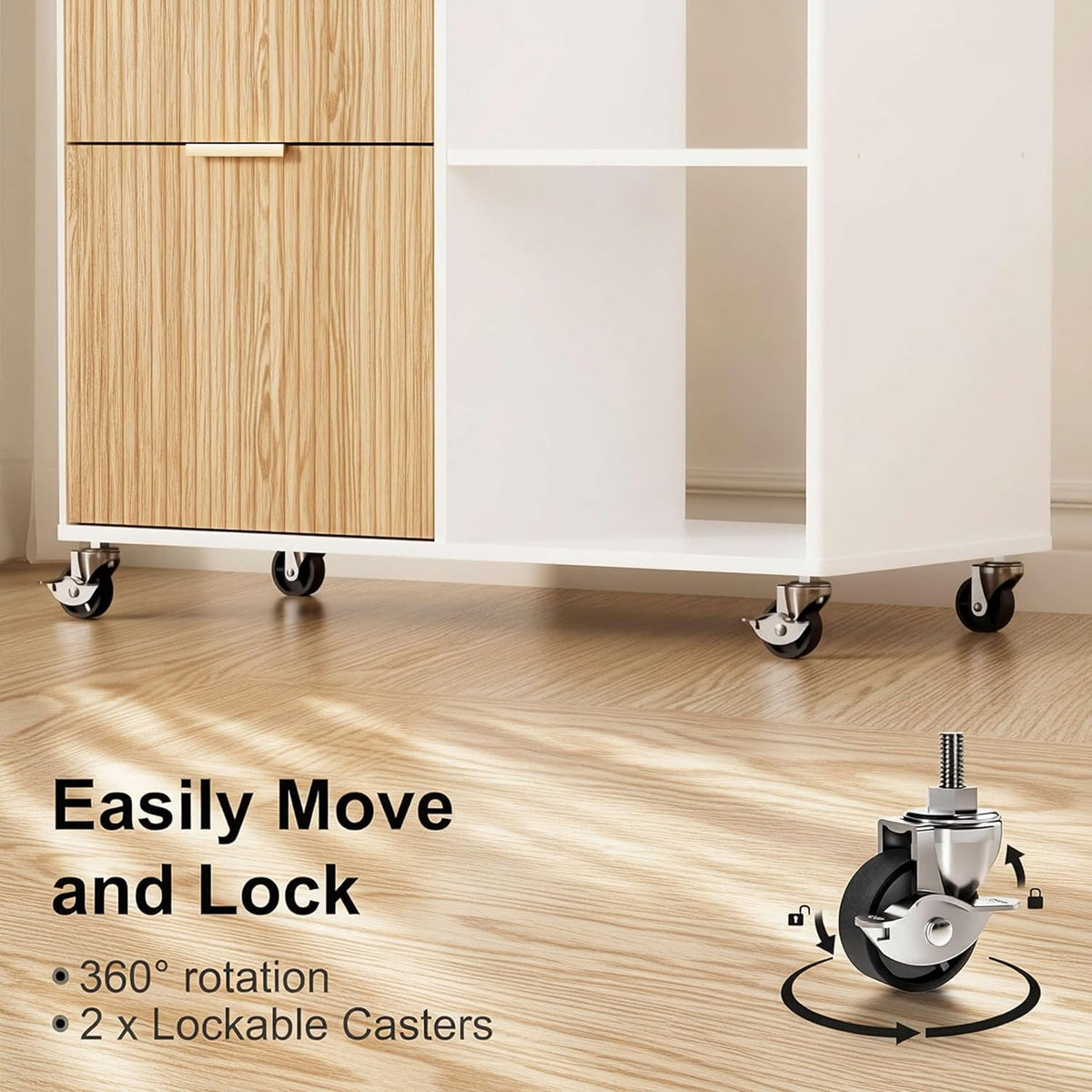 Lockable caster wheel close-up under white cabinet showing swivel caster and lock lever