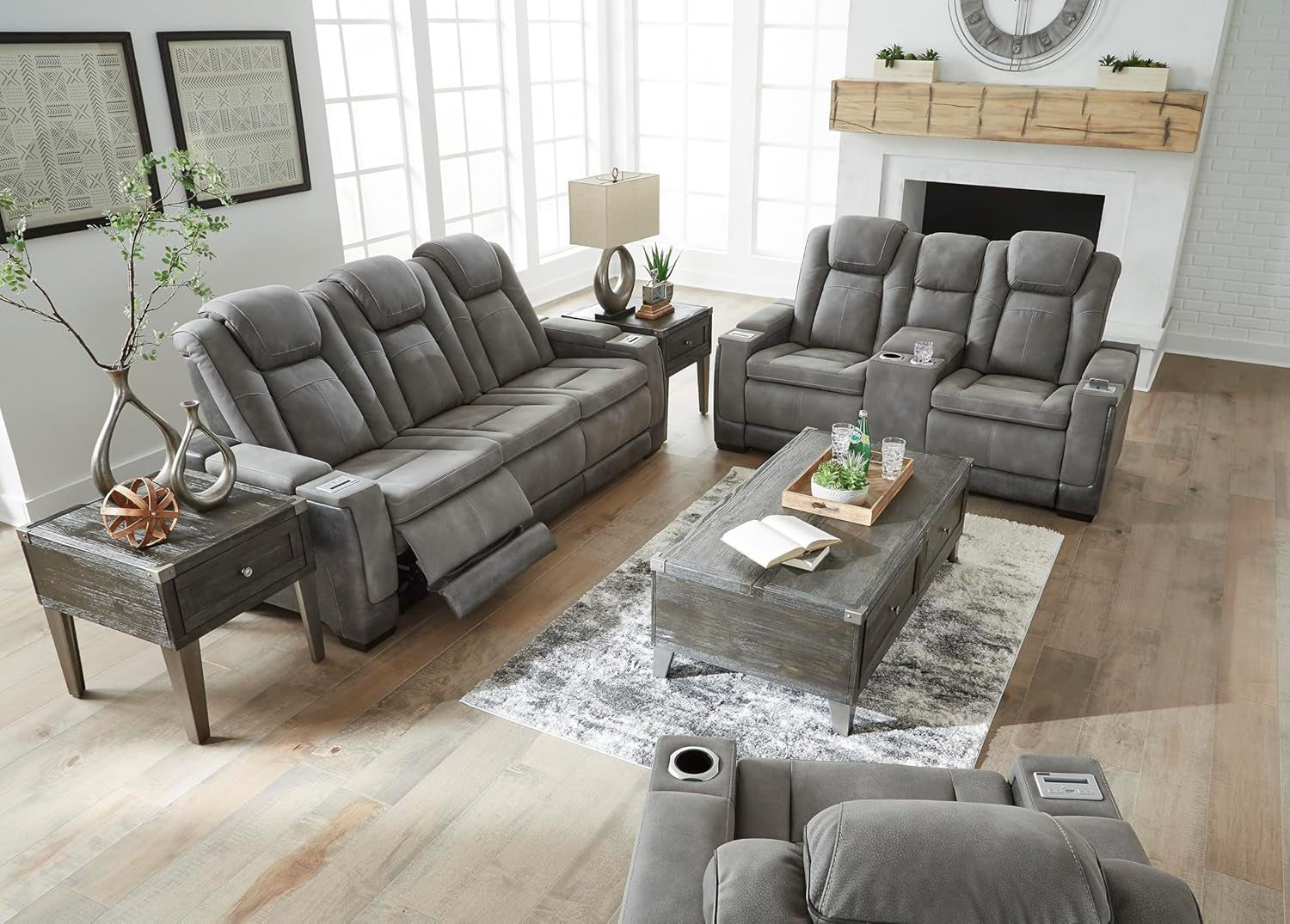Signature Design by Ashley Next-Gen Durapella Modern Faux Leather Power Reclining Sofa with Adjustable Headrest, Gray