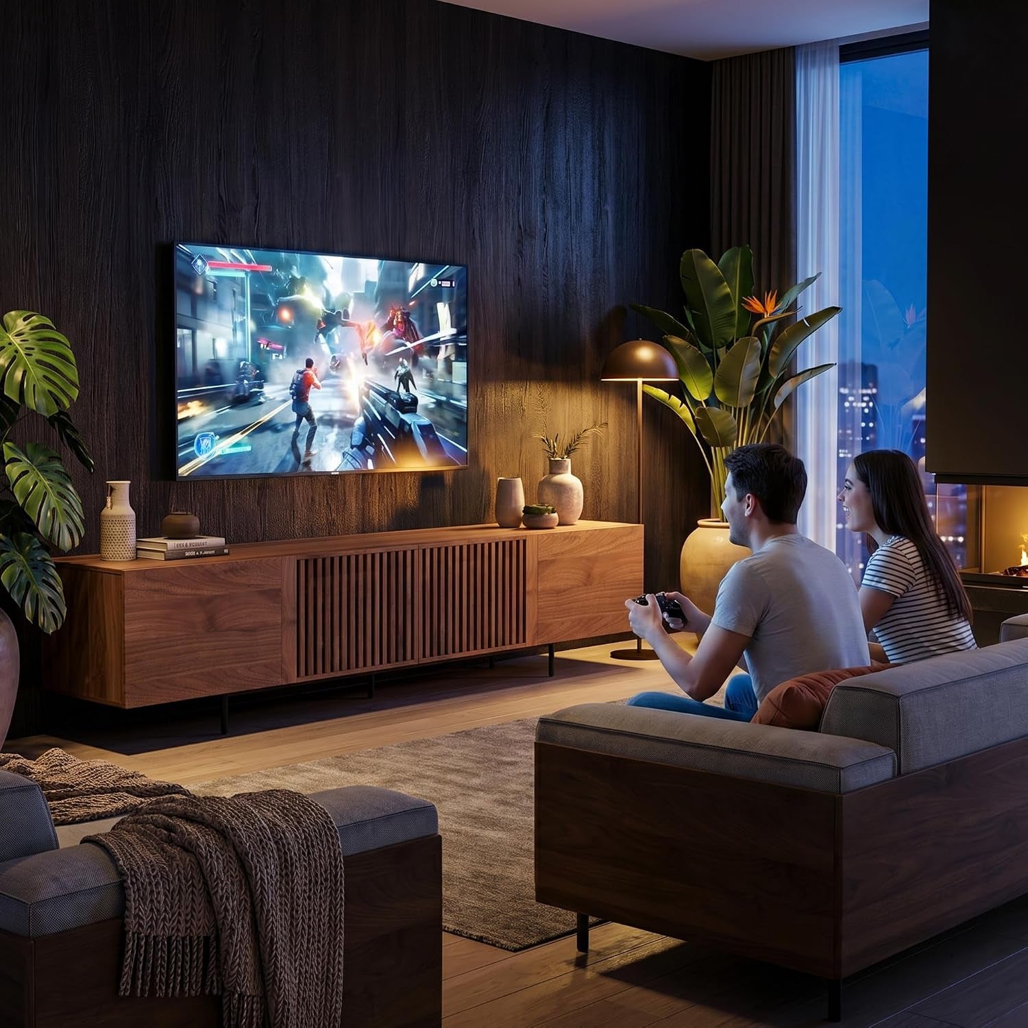Brown slatted-door TV stand beneath a wall-mounted TV in a dark room with two people gaming.