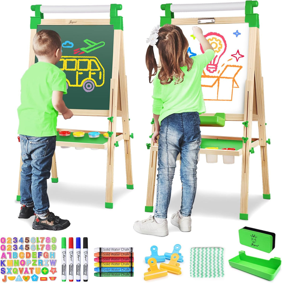 Rear view of two kids using double-sided easels with green trim and paint cups on the shelf.