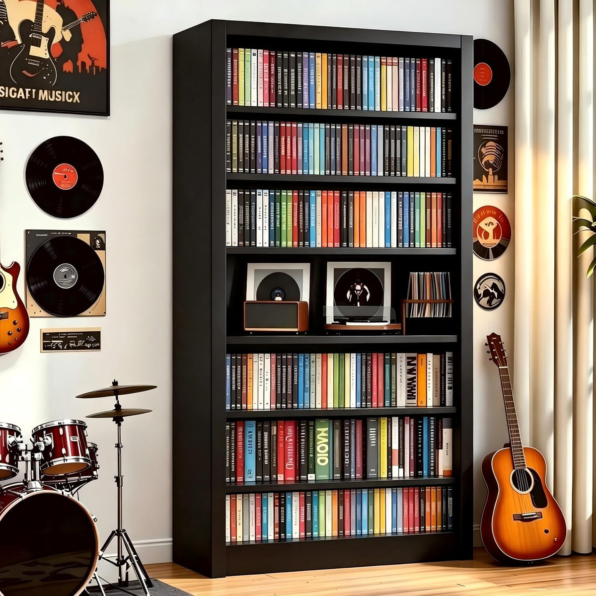 Angled front view of a tall black metal media cabinet filled with books and media in a styled music room with instruments.