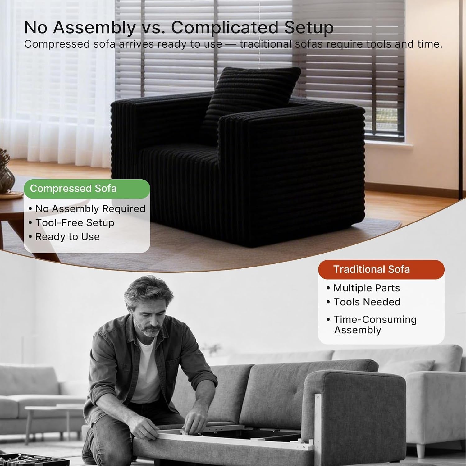 Black corduroy floor chair staged in a bright room to illustrate no-assembly compressed-to-sofa concept