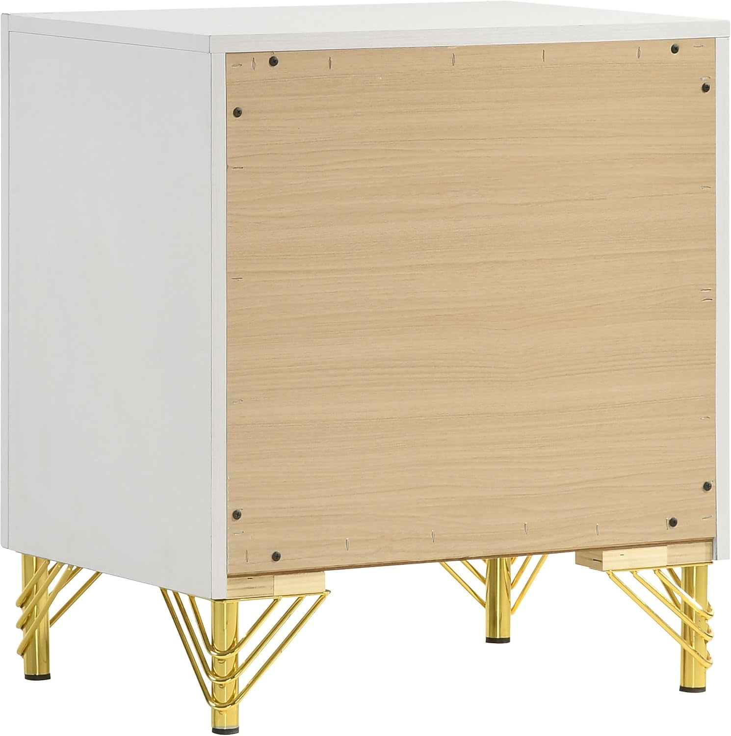 Back view of nightstand showing unfinished wood back panel and decorative gold metal legs