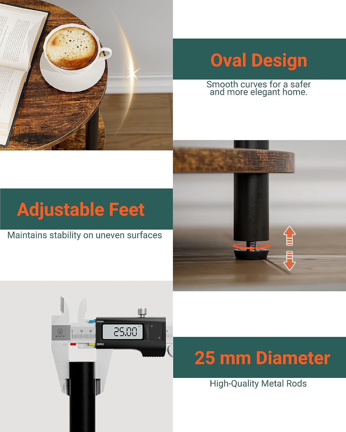 Detail of a black metal leg with an adjustable leveling foot paired with a caliper measuring a metal rod