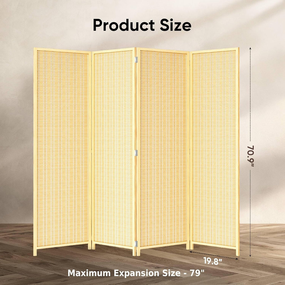 Four-panel bamboo room divider shown with dimension overlay indicating 70.9 inch height and 79 inch maximum expansion width