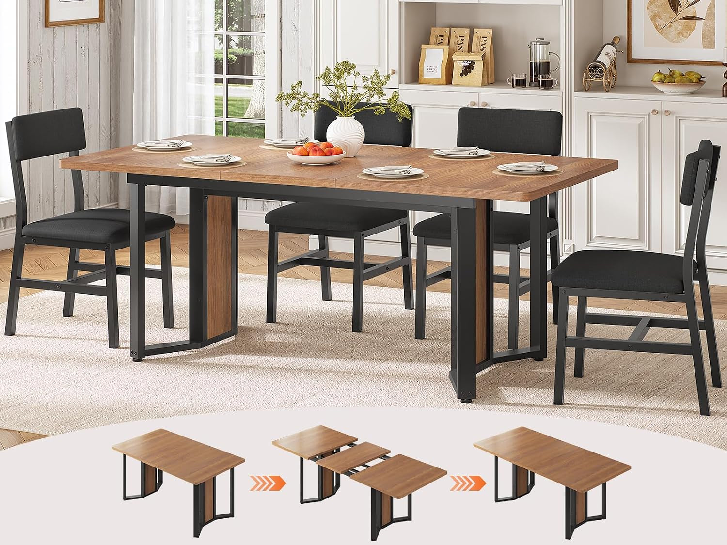Brown-and-black five-piece dining set in a bright room, with three tabletop extension stages shown below.