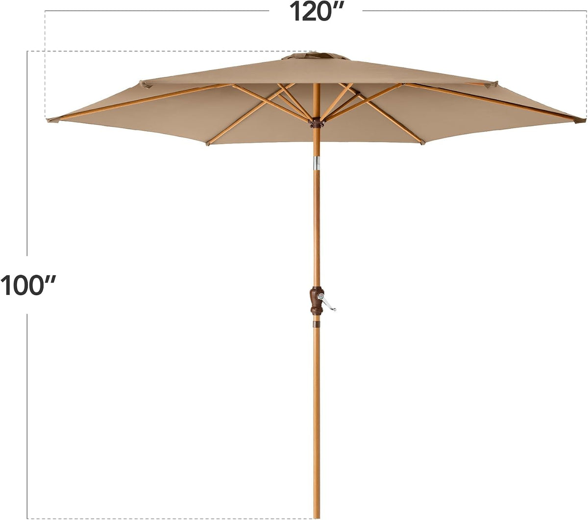 10 ft market umbrella front view with dimension overlays indicating 120-inch diameter and 100-inch height.