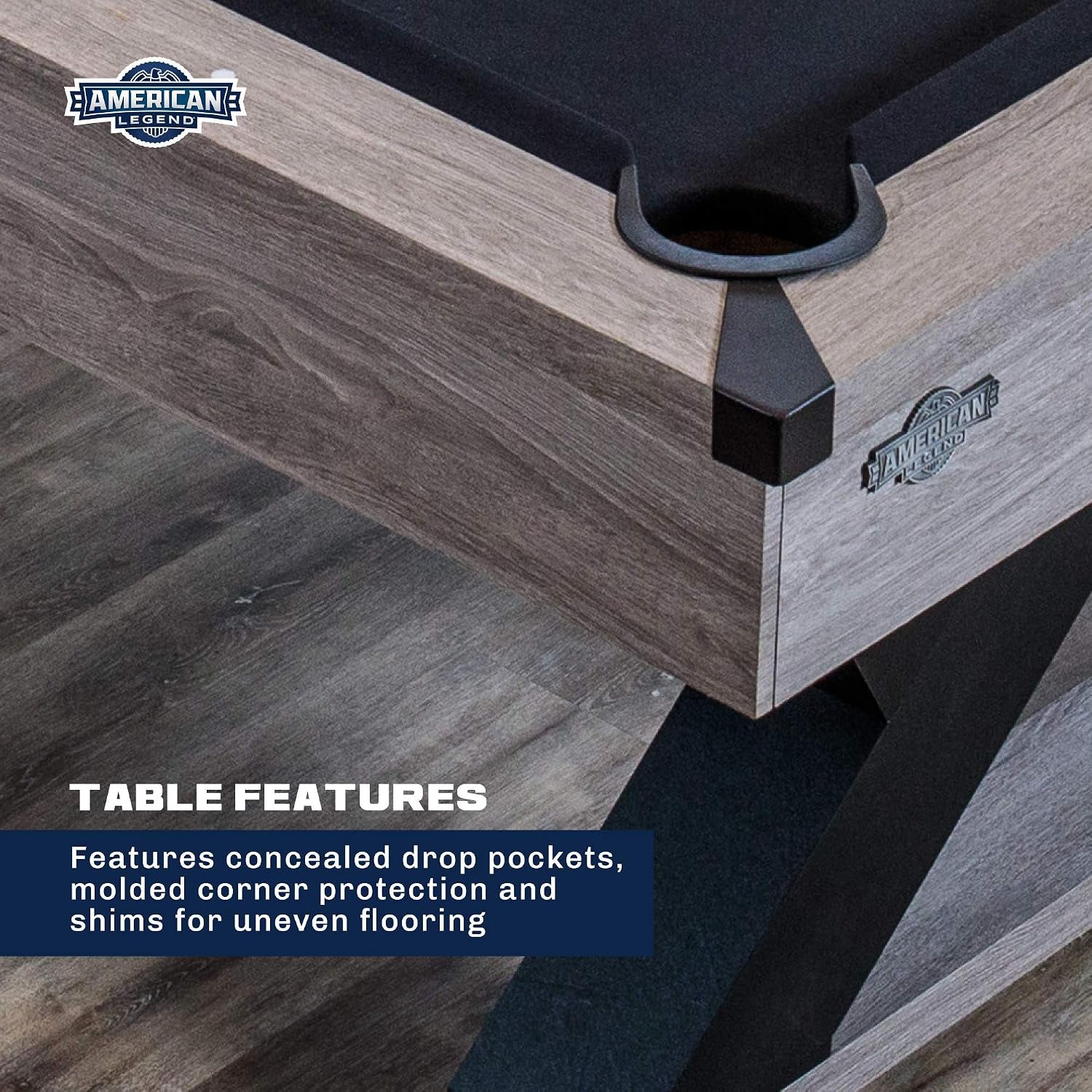 Close-up of table corner showing molded corner protector, concealed pocket opening and weathered wood grain detail.