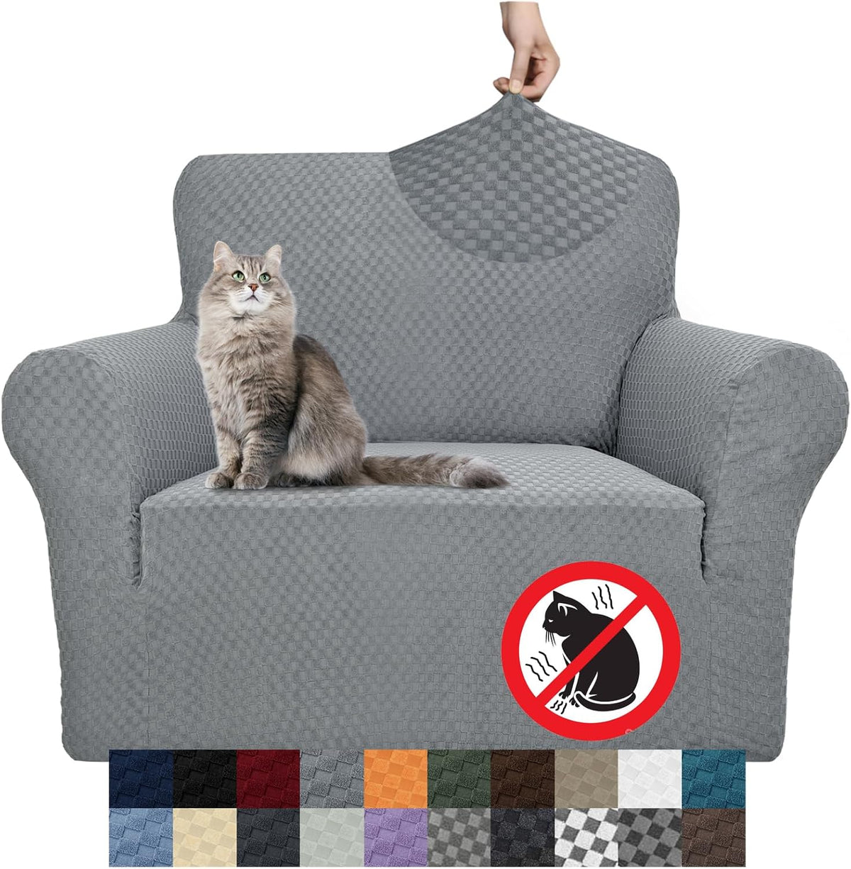 Front view of a gray stretch sofa cover on an armchair with a long-haired cat sitting on the seat
