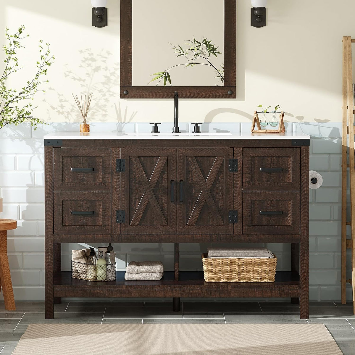 Dark brown farmhouse vanity with double doors, drawers on each side, and lower open shelf