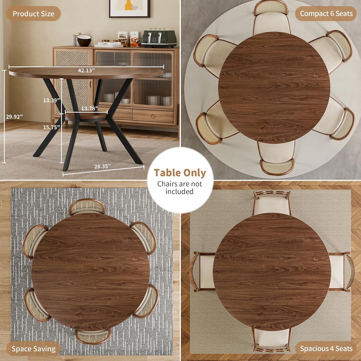 Four-panel collage showing front dimensions of the round table and three top-down layouts with chairs.