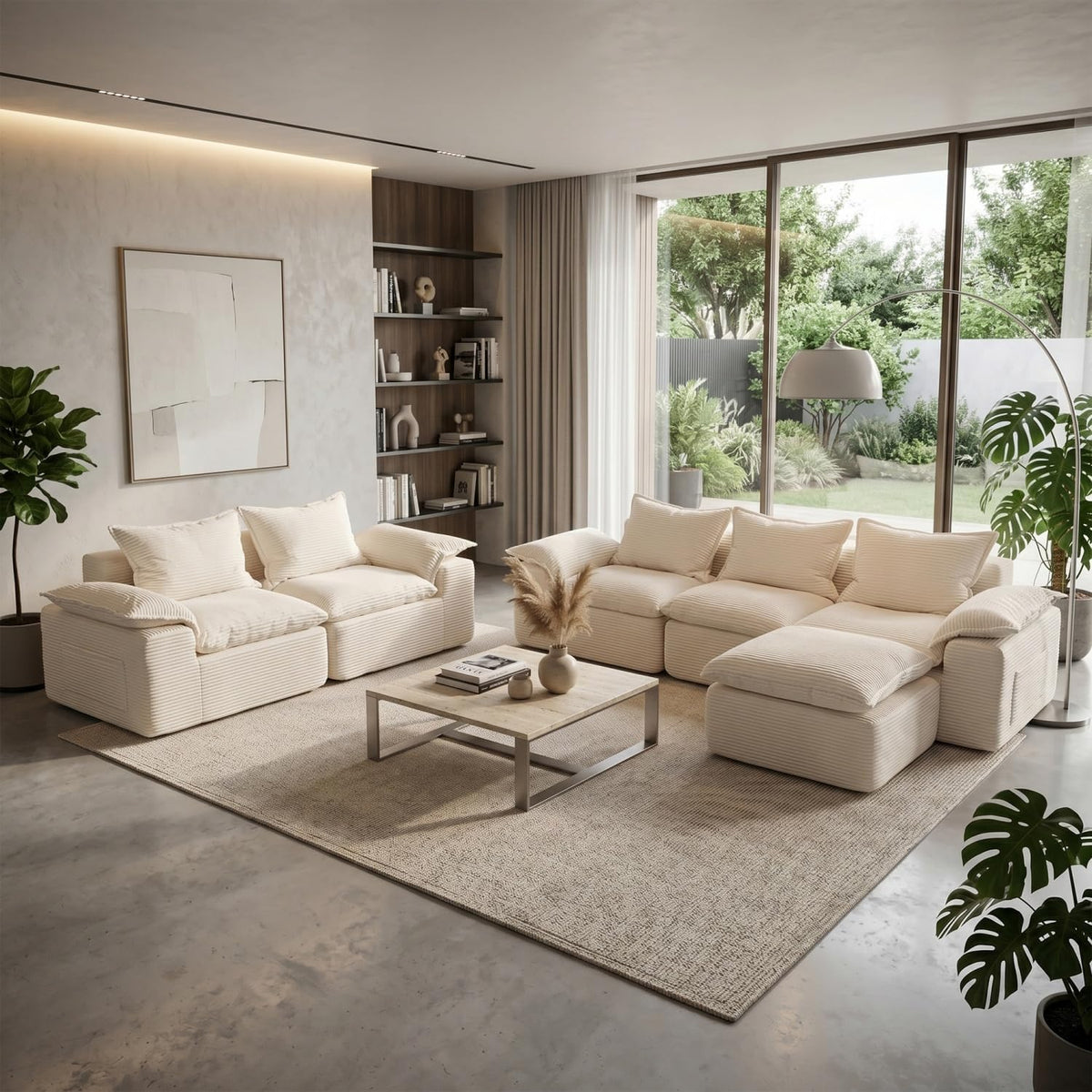 Cream beige corduroy modular sectional and loveseat in a sunlit living room, angled front view