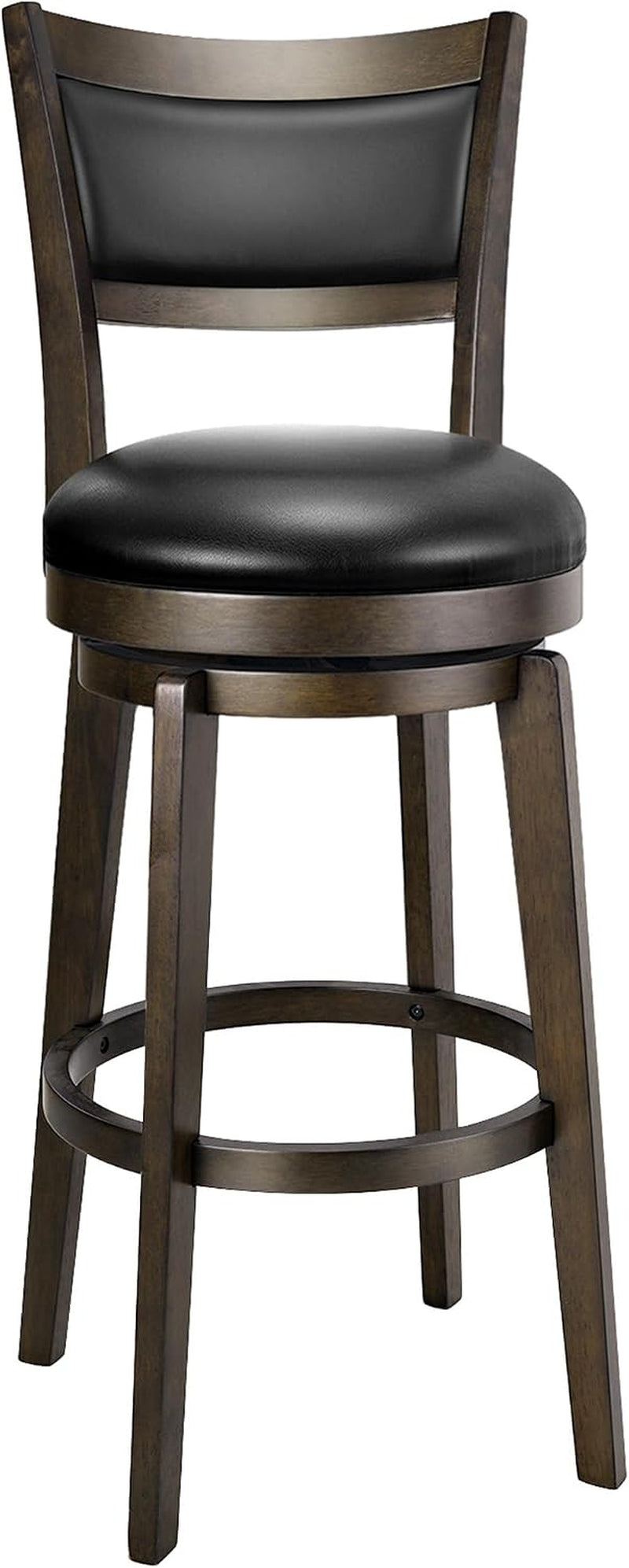 Single high-back swivel bar stool with black cushioned seat and dark wood frame, shown full-length.