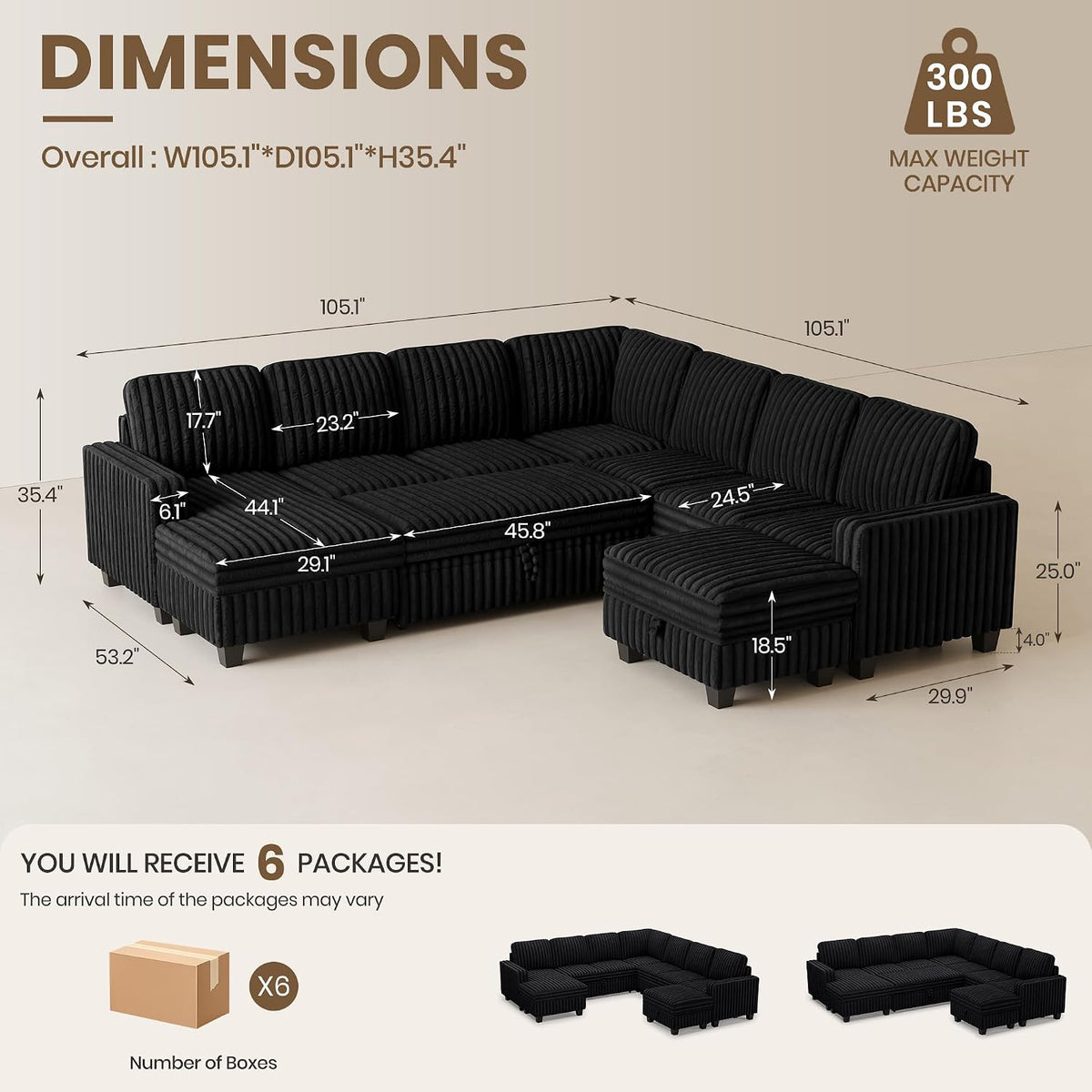 Rendered diagram of the black sectional with dimension arrows and an overlay showing overall width and depth