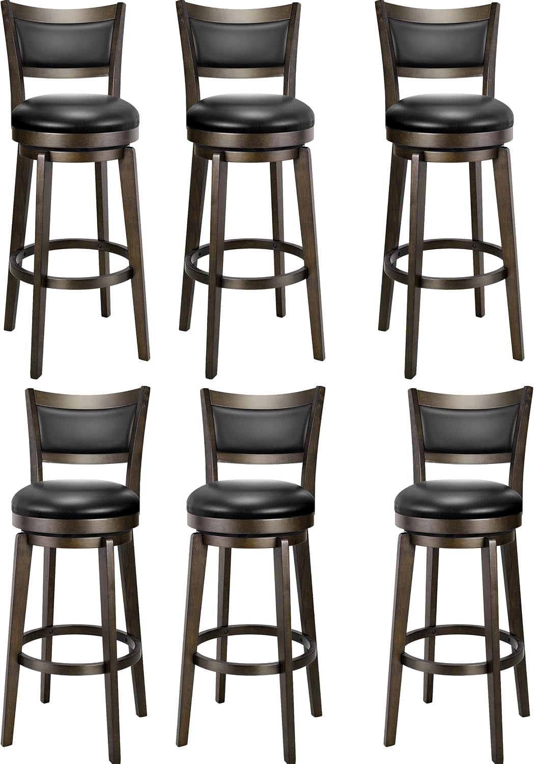 Nine black faux-leather swivel bar stools arranged in three rows on a white background.