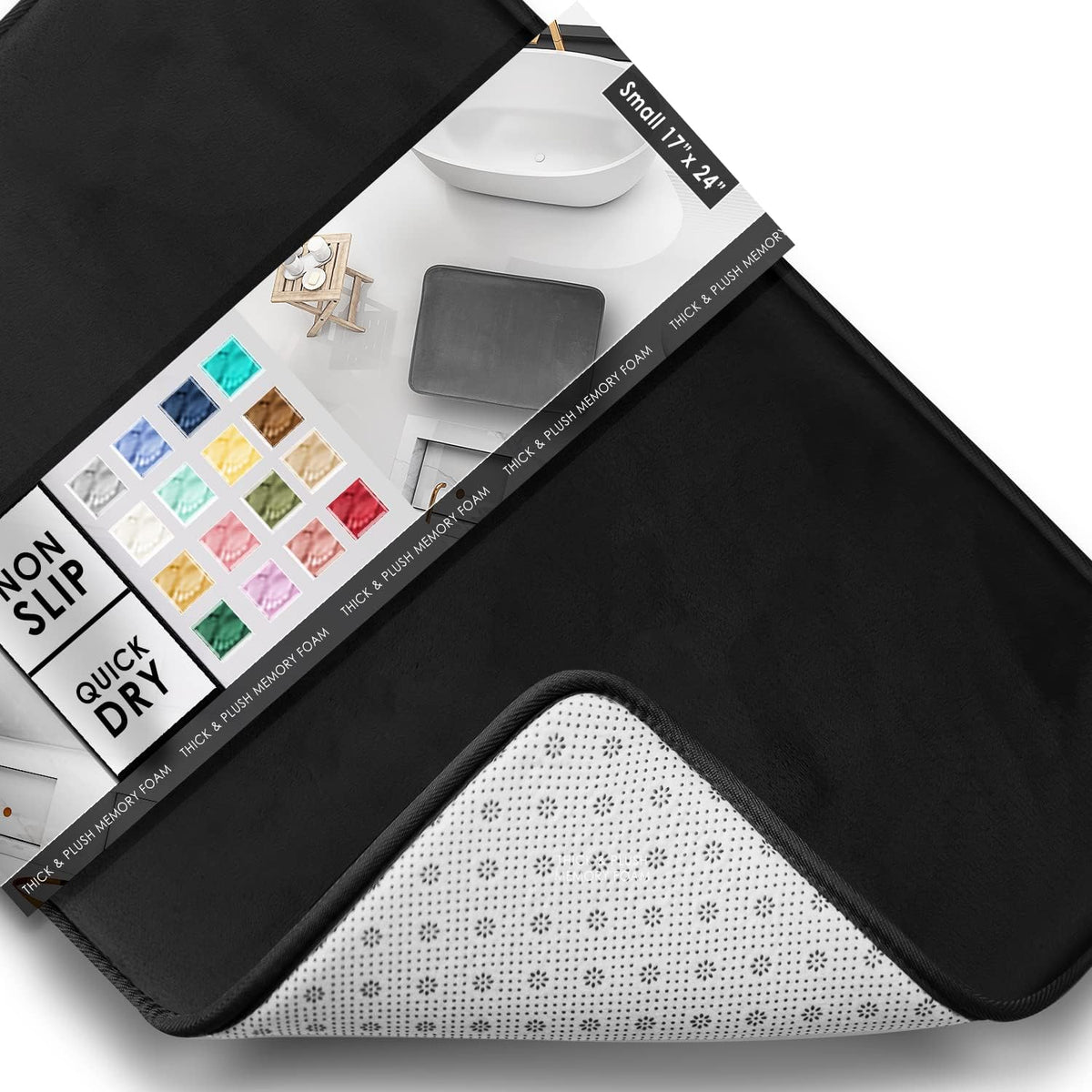 Close-up of a rug corner flipped to show non-slip dotted backing and packaging color swatch insert.