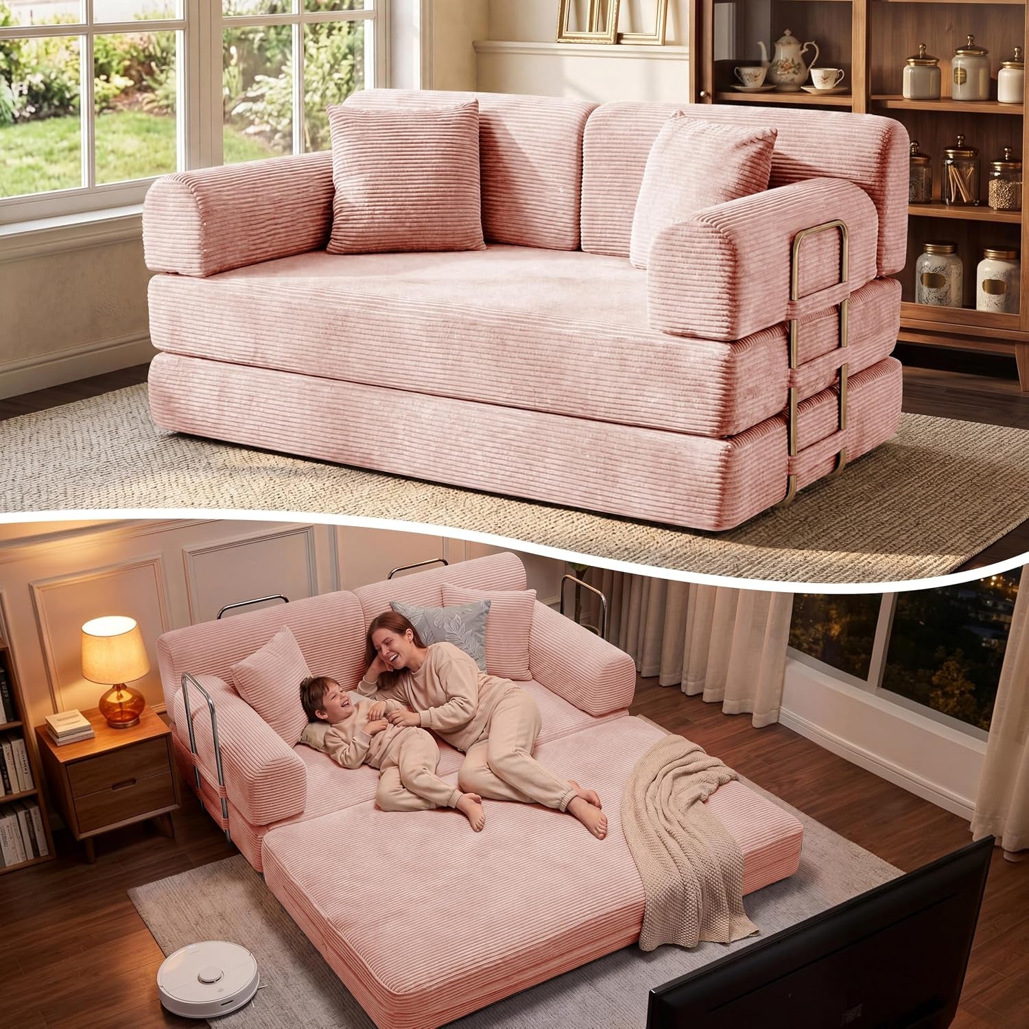 Pink convertible loveseat shown both as a compact sofa and unfolded into a low bed with cushions.