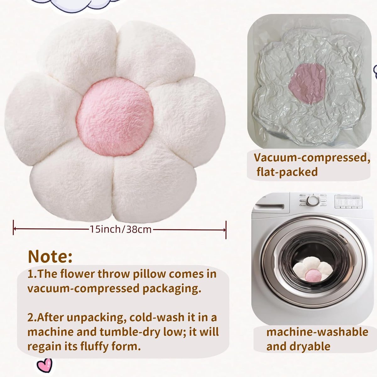 Diagram of a white daisy pillow showing 15-inch measurement, vacuum-compressed packaging and machine-wash illustration