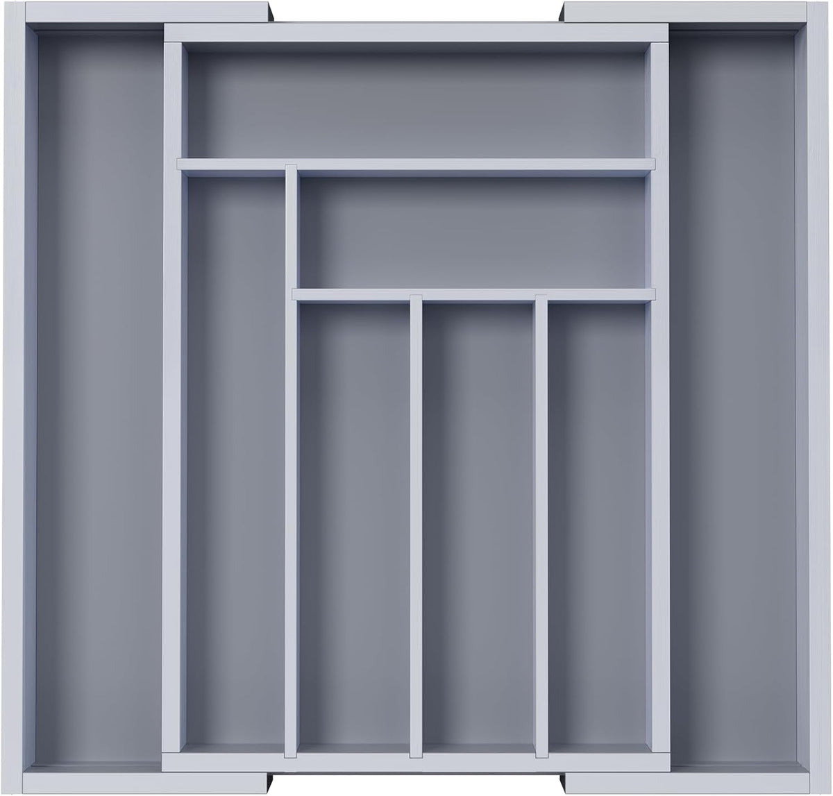Front close-up of a pale gray expandable cutlery organizer showing the top shelf and four inner divider slots.