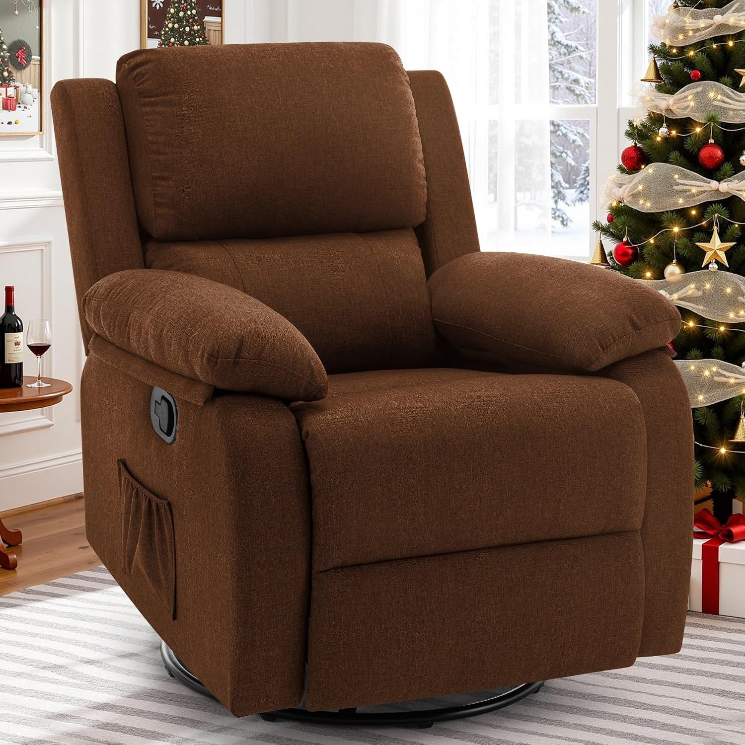 Brown fabric recliner positioned near a decorated Christmas tree and a small round table.