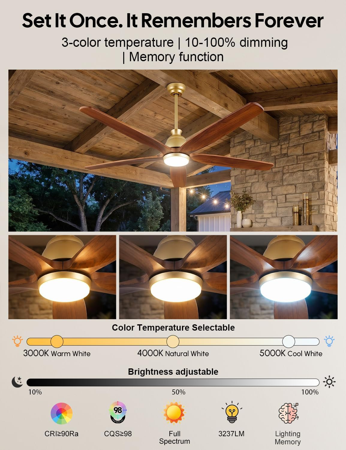 Close-up of the fan light showing warm, natural, and cool selectable color temperatures and adjustable brightness