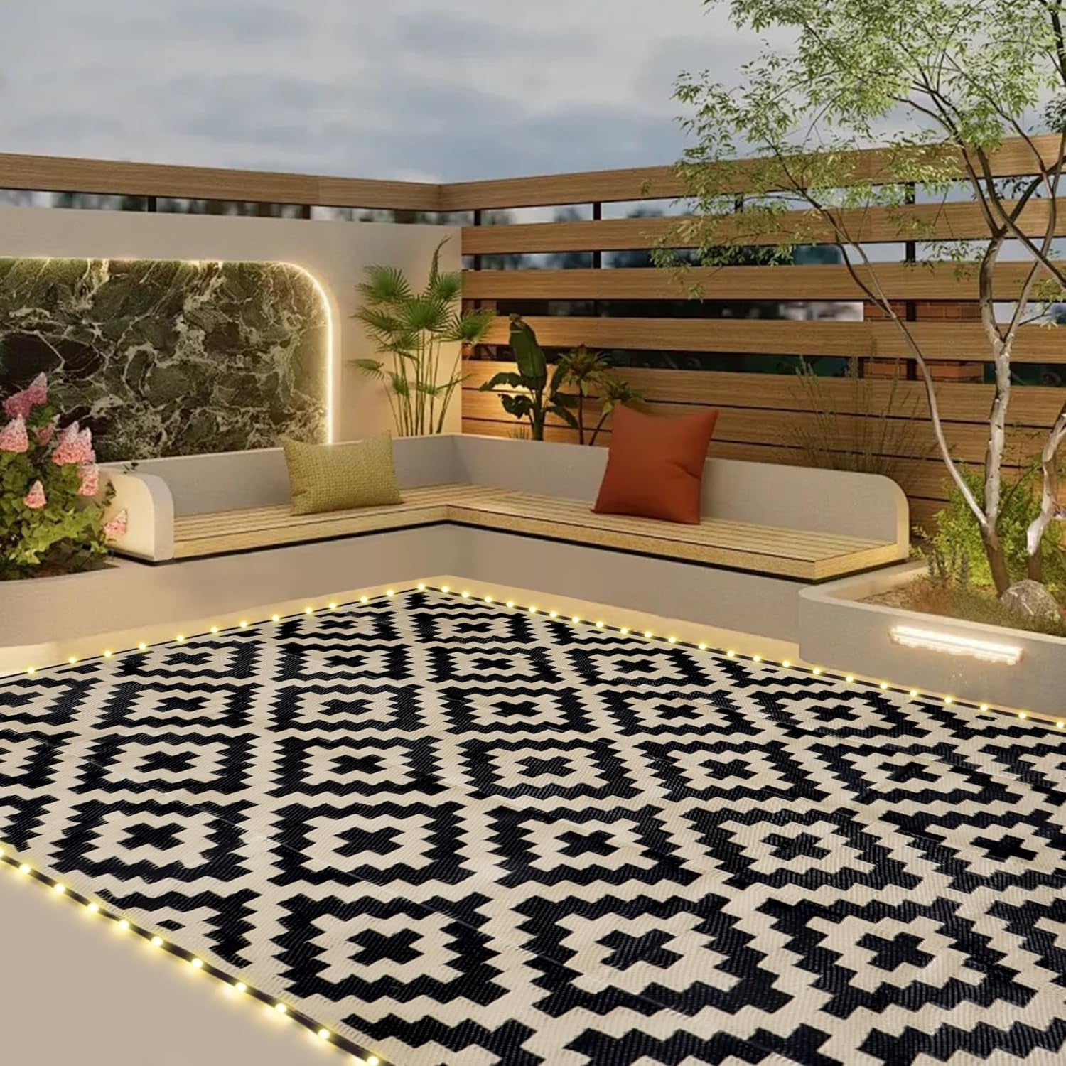 Waterproof Outdoor Rug 5x8 ft, Plastic Reversible Rug, Modern Area Rug, Large Floor Mat for Outdoors, RV, Patio, Backyard, Deck, Picnic, Beach, Camping, Black & Beige