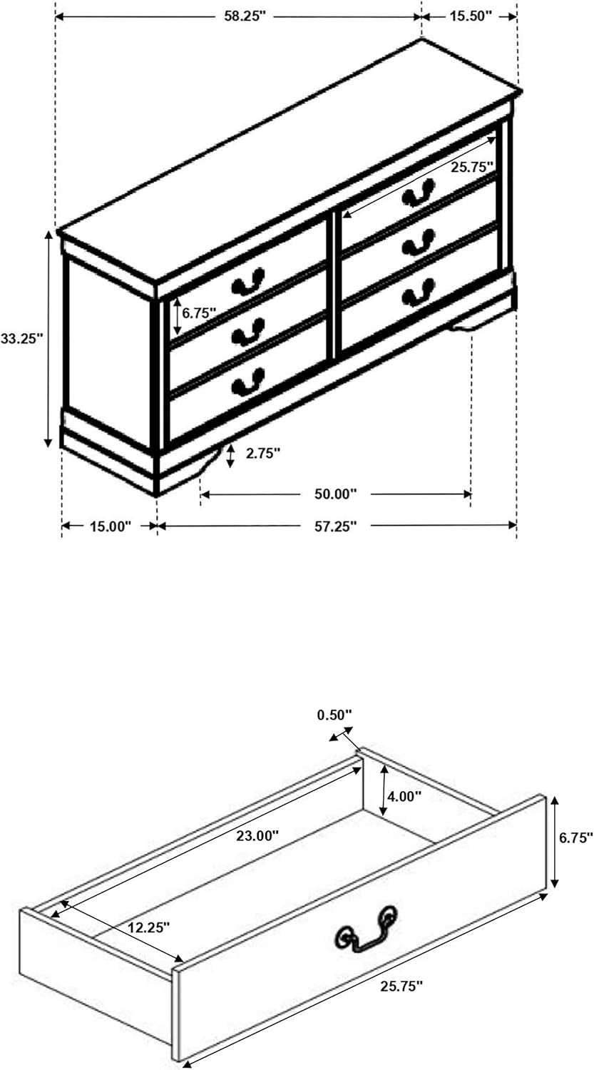 Isometric diagram of a six-drawer dresser with measurement callouts and a separate drawer interior view.