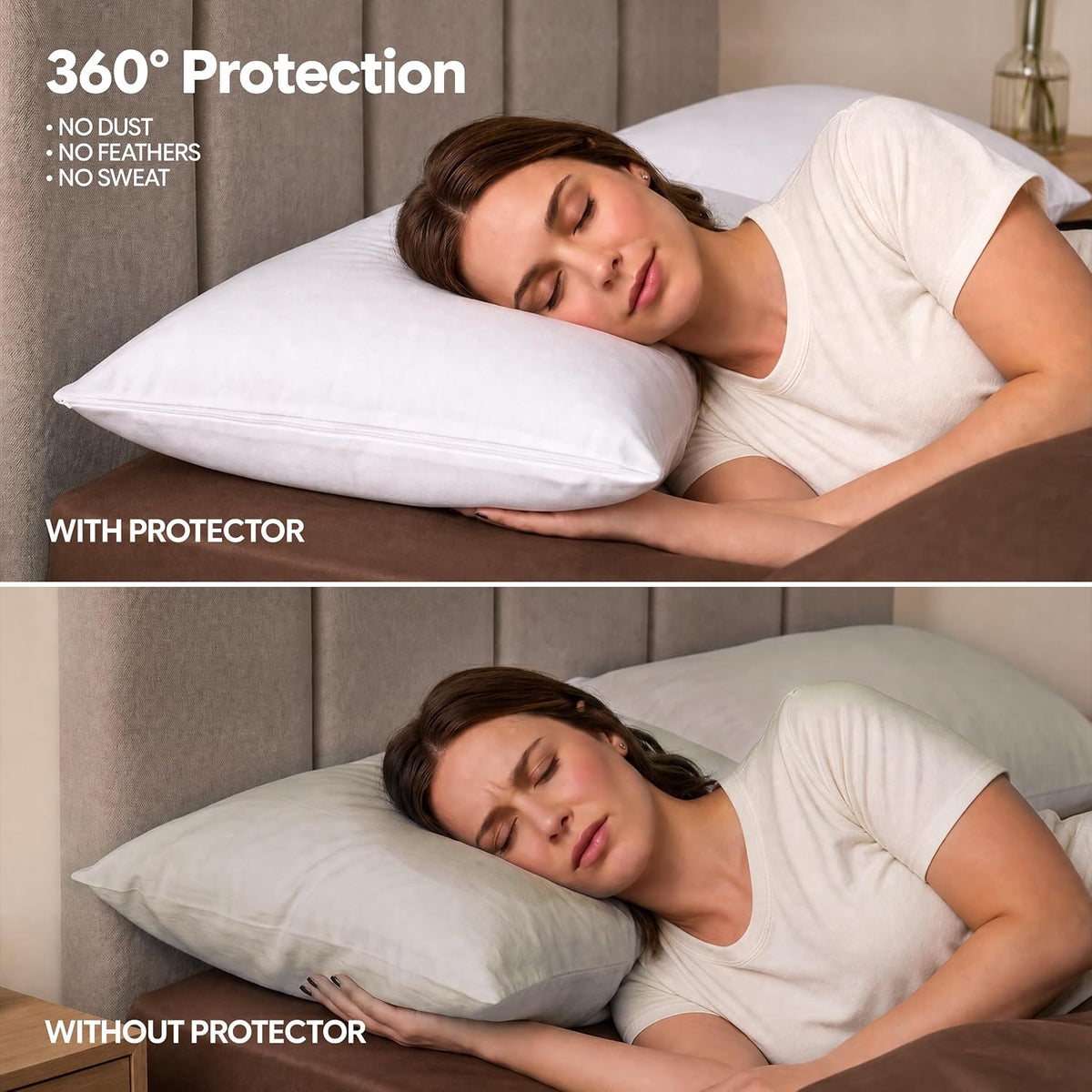 Side-by-side comparison of a woman sleeping on a white pillow with a protector and on a pillow without one