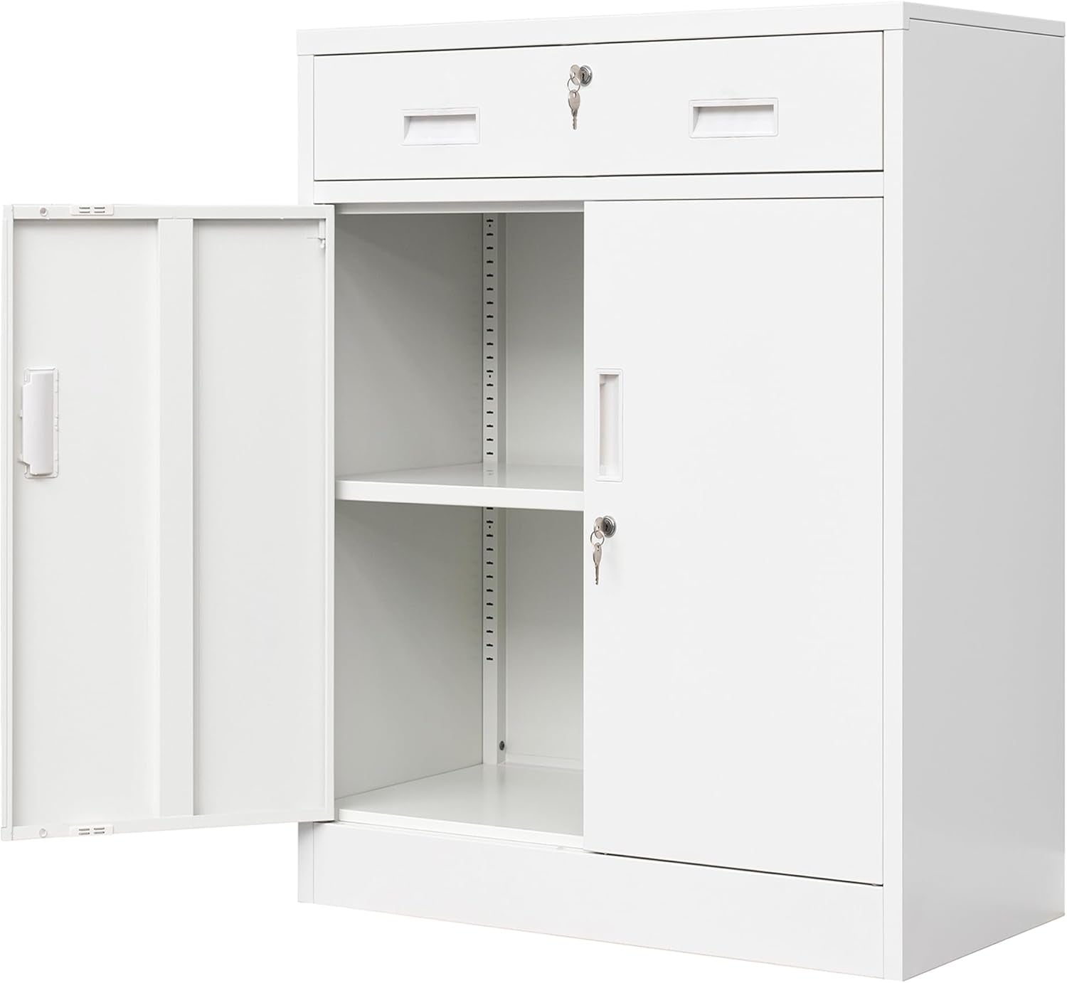 All-white metal storage cabinet with one door open revealing a middle shelf and lock