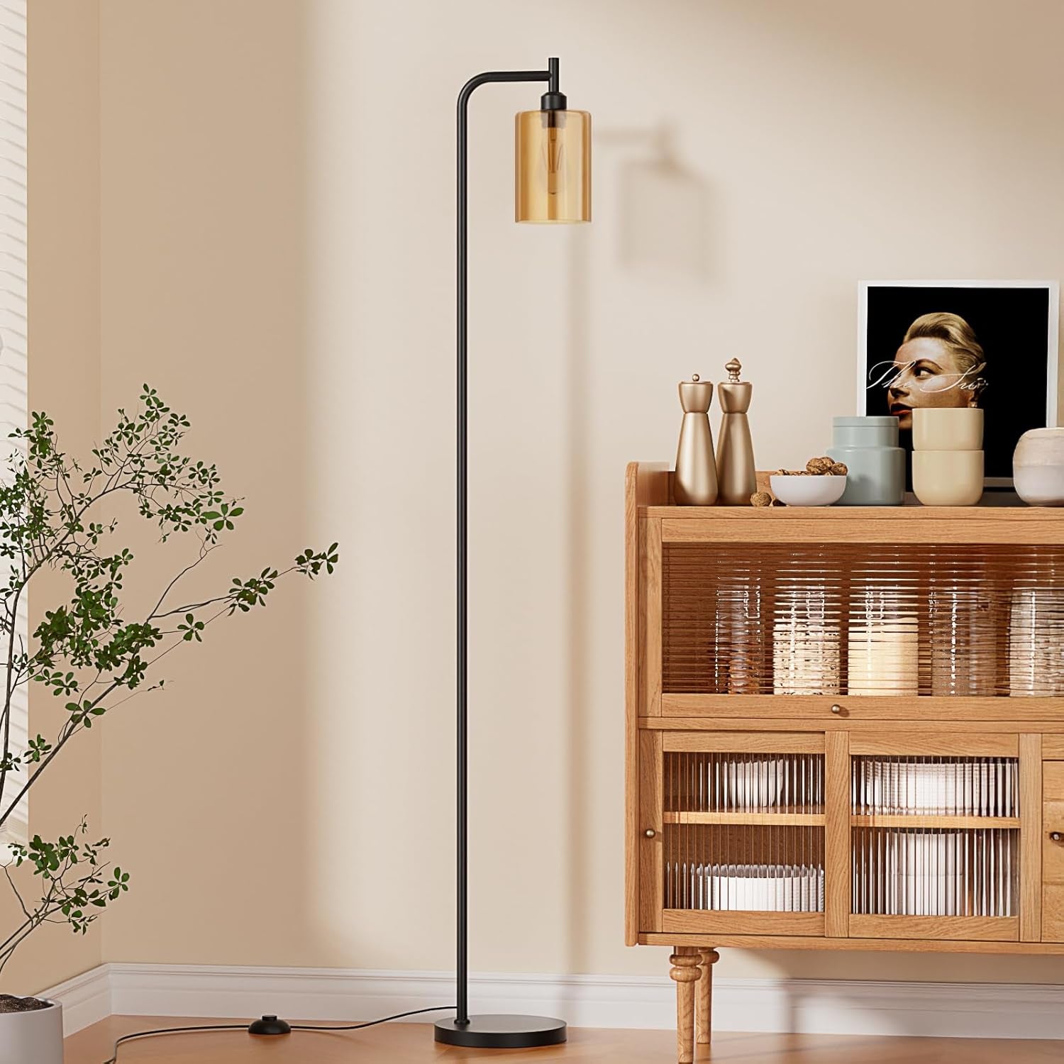 Black floor lamp with amber glass shade beside a wooden cabinet and plant in a living room
